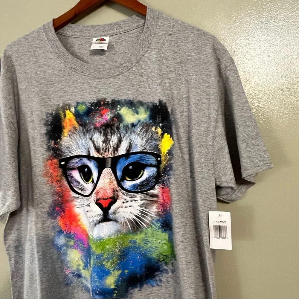 Fruit Lum VTG 2000 Gray Cat In Glasses  Graphic T-Shirt Womens Cotton L NWT